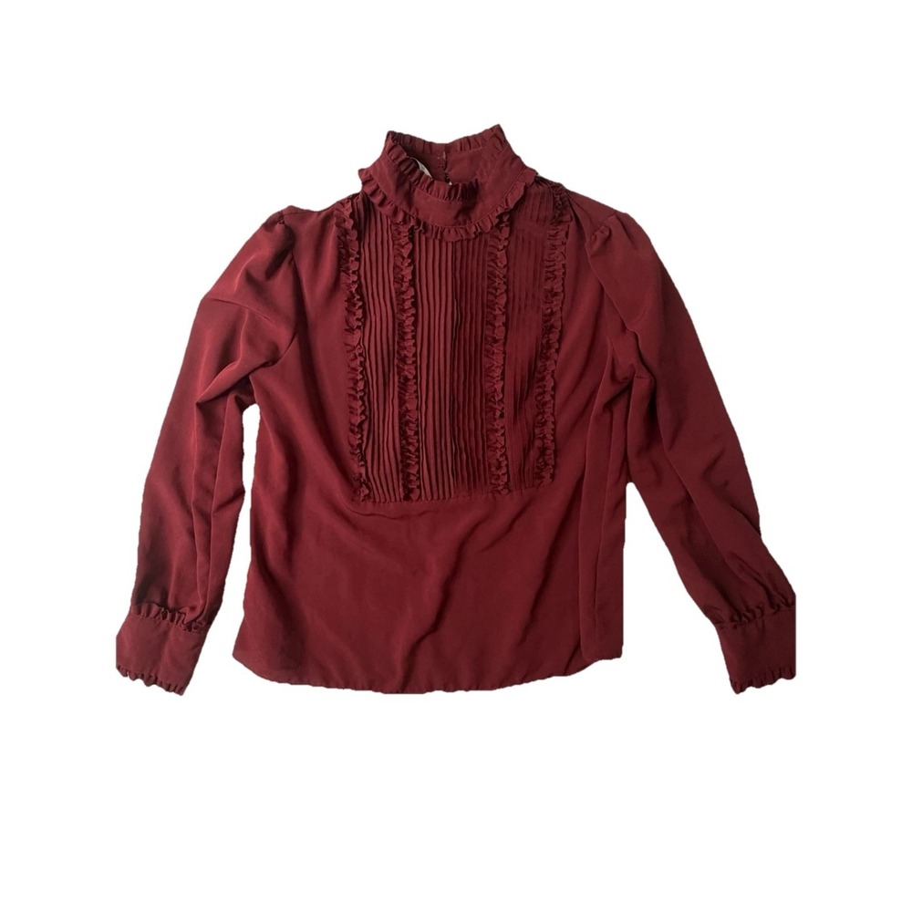 ZARA‎ Womens Burgundy Ruffle Pleated High Neck Blouse Size S